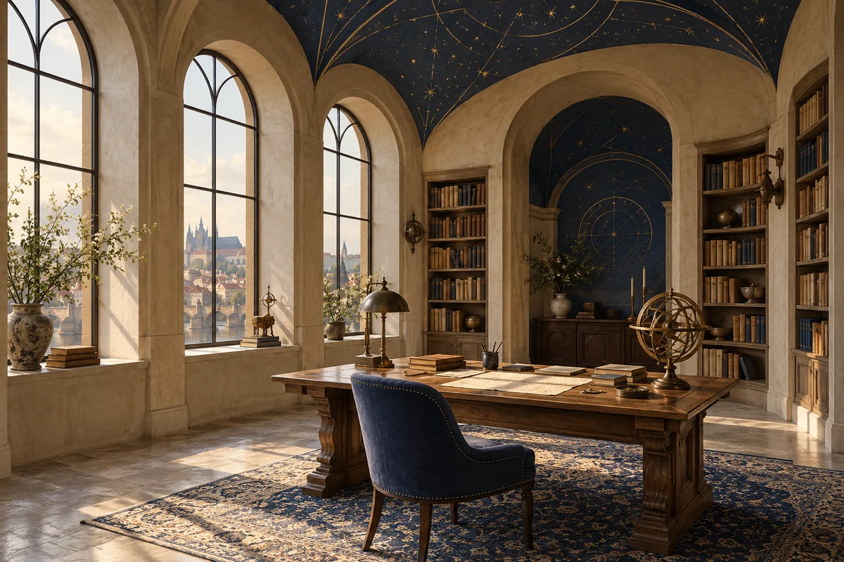 A vaulted reading room with pale plaster, a star-blue ceiling, a lapis upholstered chair, an oak desk and a bronze armillary sphere.