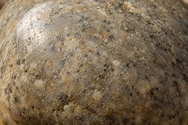 A worn grey-beige river stone has fine speckled mineral grain and a softly rounded surface.