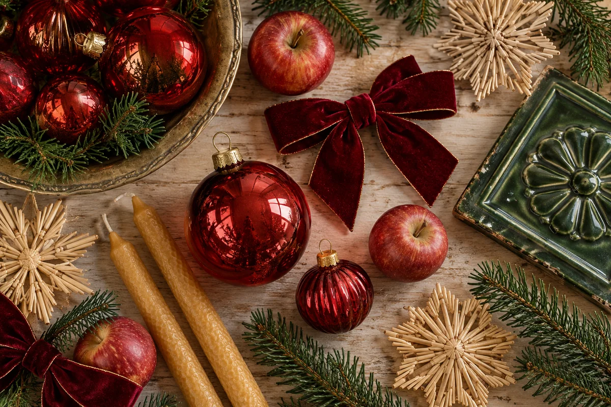 Red glass baubles, velvet bows, straw stars, apples, beeswax candles, green stove tile and fir on pale pine.