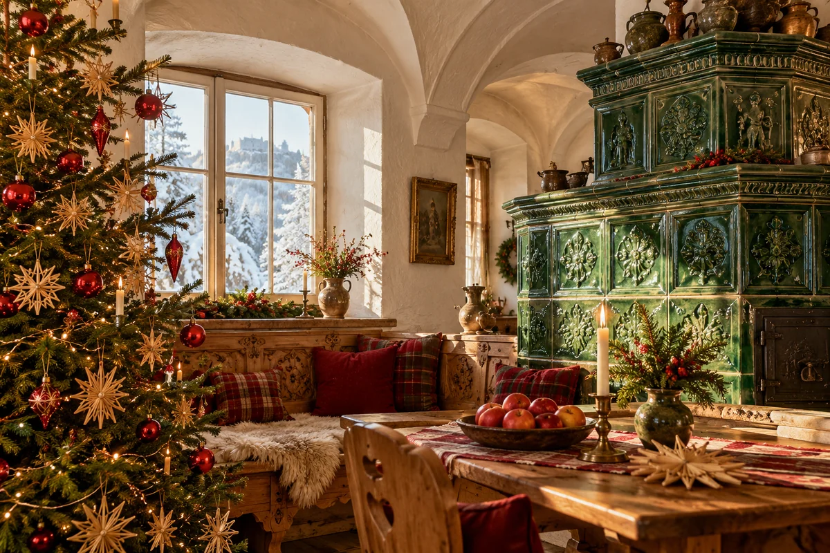 A green tiled stove, decorated Christmas fir and carved pine bench with red plaid cushions in a pale vaulted room.