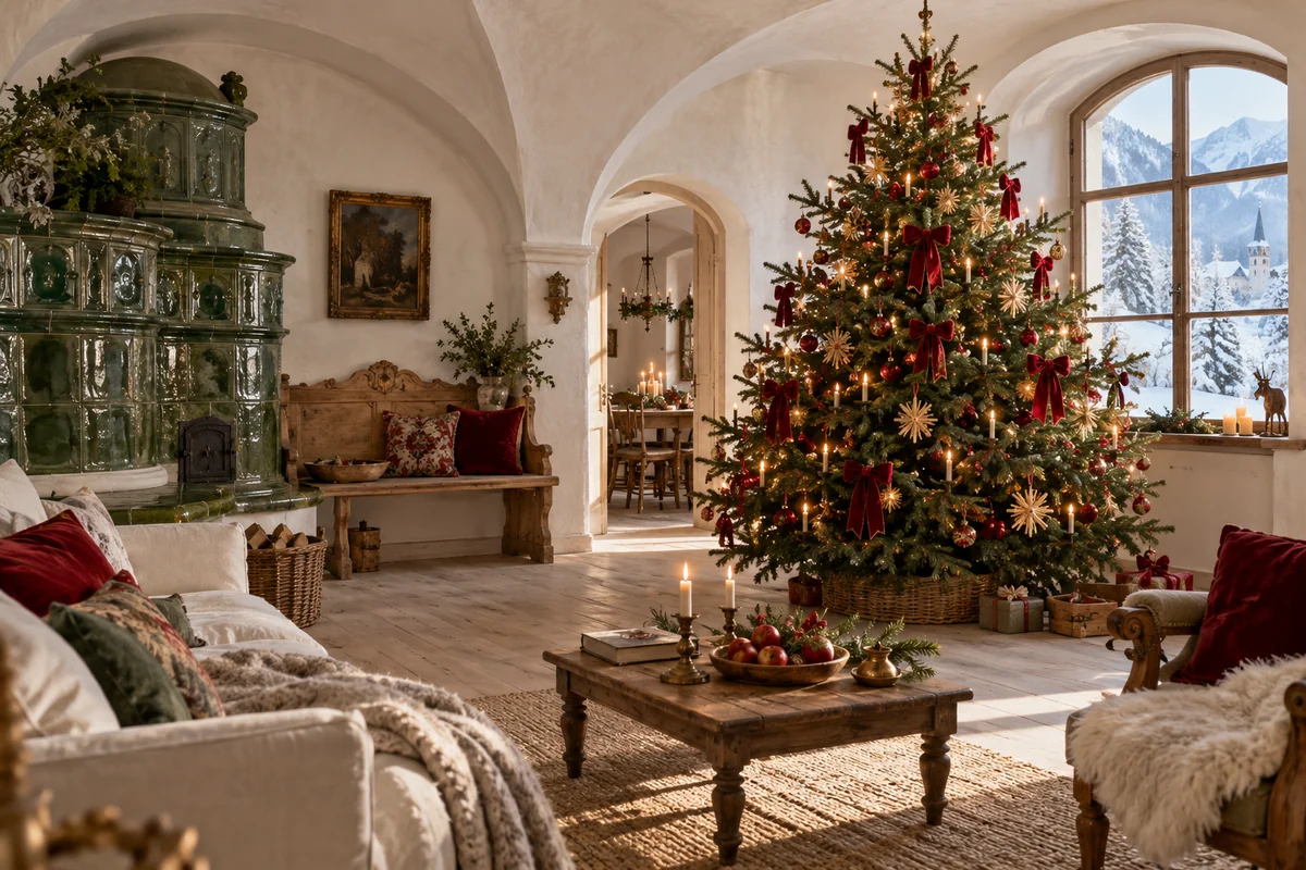 A vaulted room with a green tiled stove, pine bench and Christmas fir decorated with red glass and straw stars.
