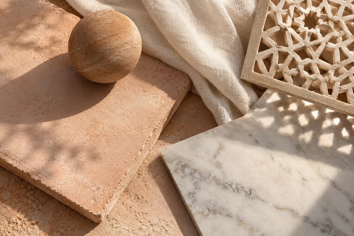 Blush limewash, pale veined marble, sandstone sphere, linen and carved screen.