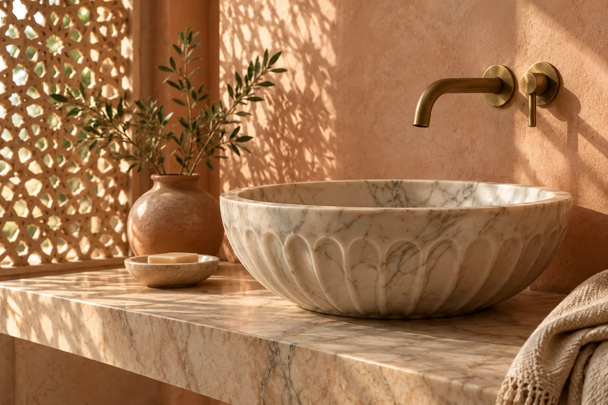 Pale carved marble basin and brass tap against warm sandstone with jali shadows.