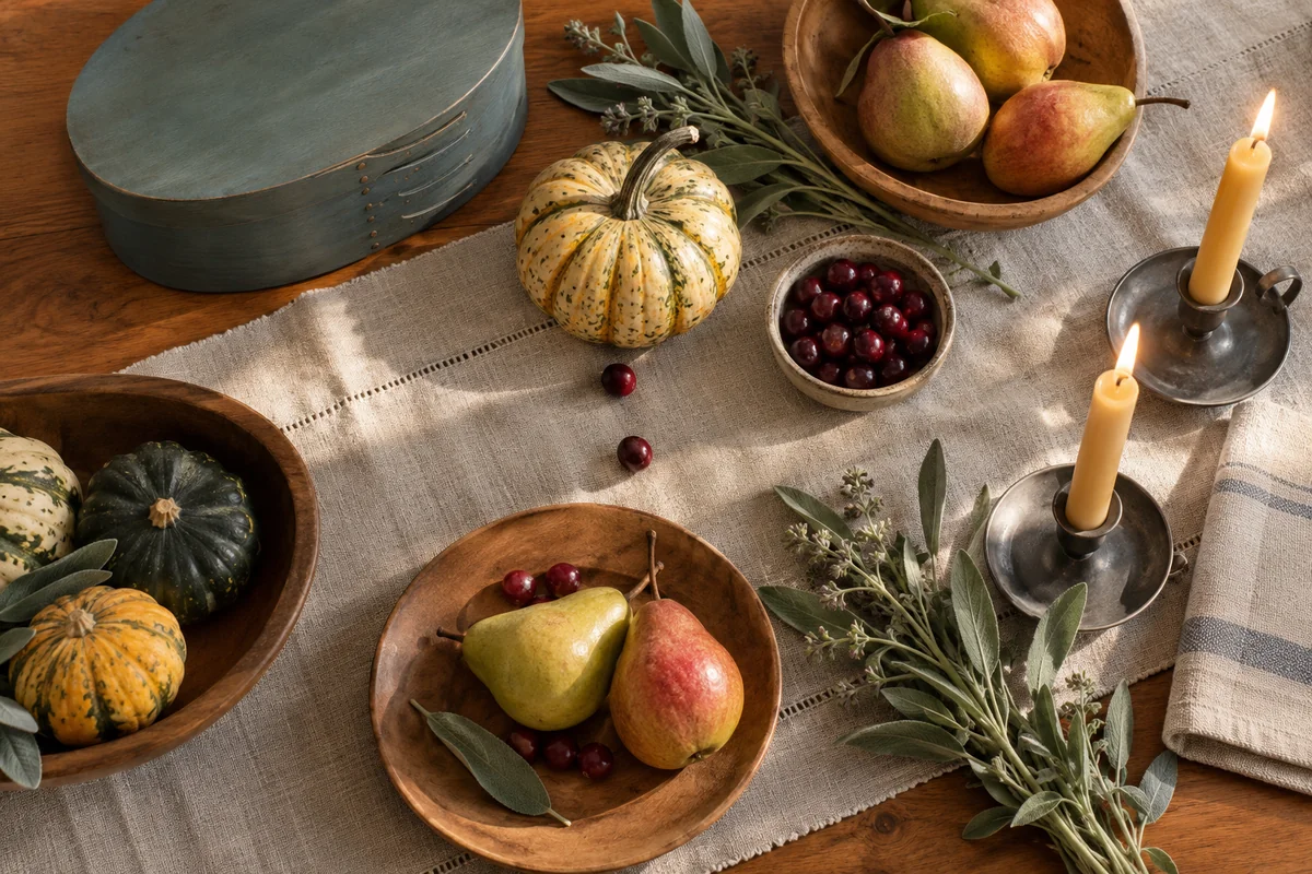 Cherry wood with homespun linen, pears, small squash, sage, cranberries, beeswax candles and a blue-green bentwood box.