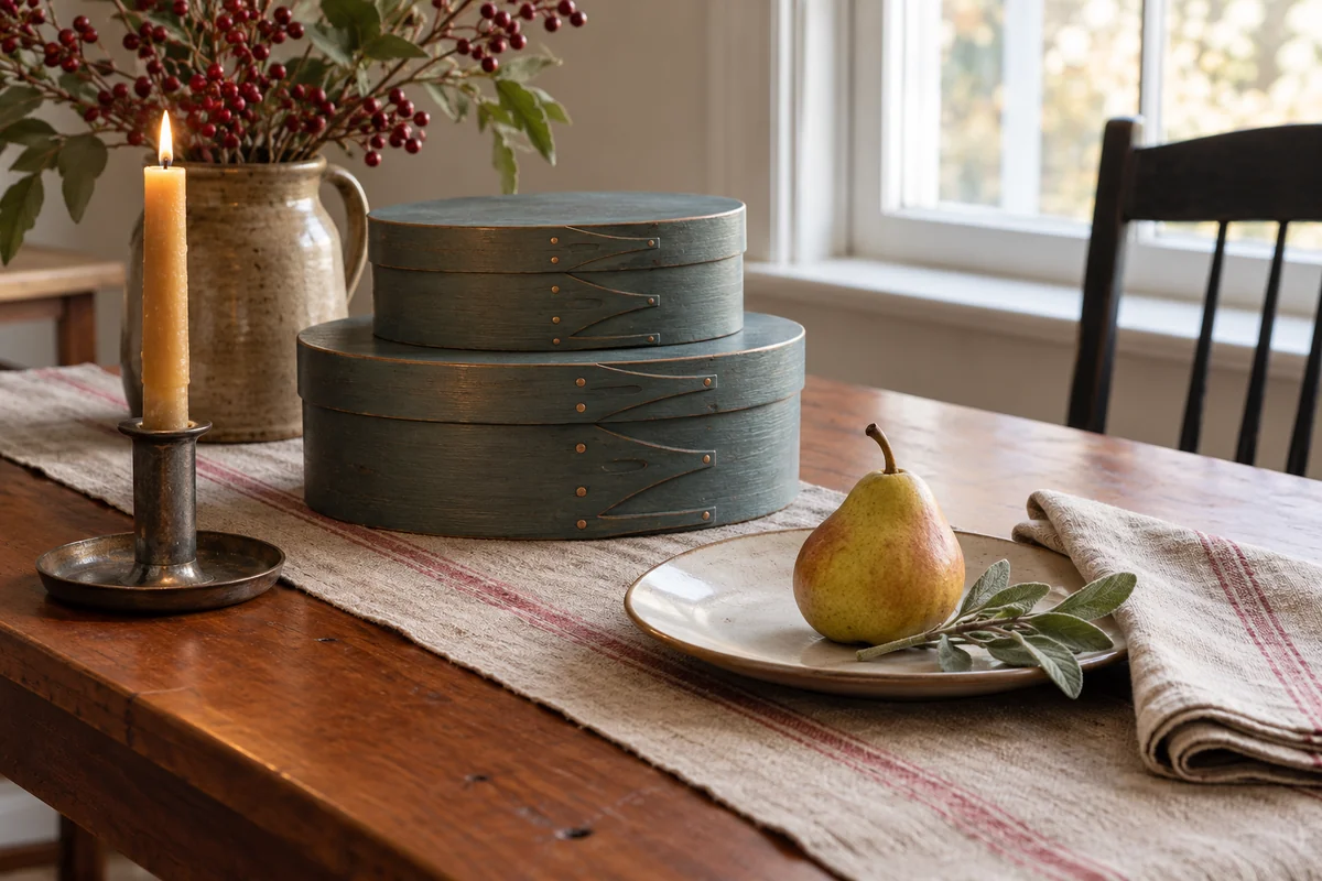 Nested blue-green bentwood boxes, a ceramic plate, pear, sage and beeswax candle arranged on a linen-covered cherry table.