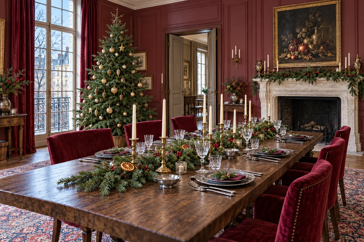 Soft daylight fills a burgundy dining room with unlit beeswax tapers, a fir runner, pewter settings and the same gold-decorated Christmas tree.