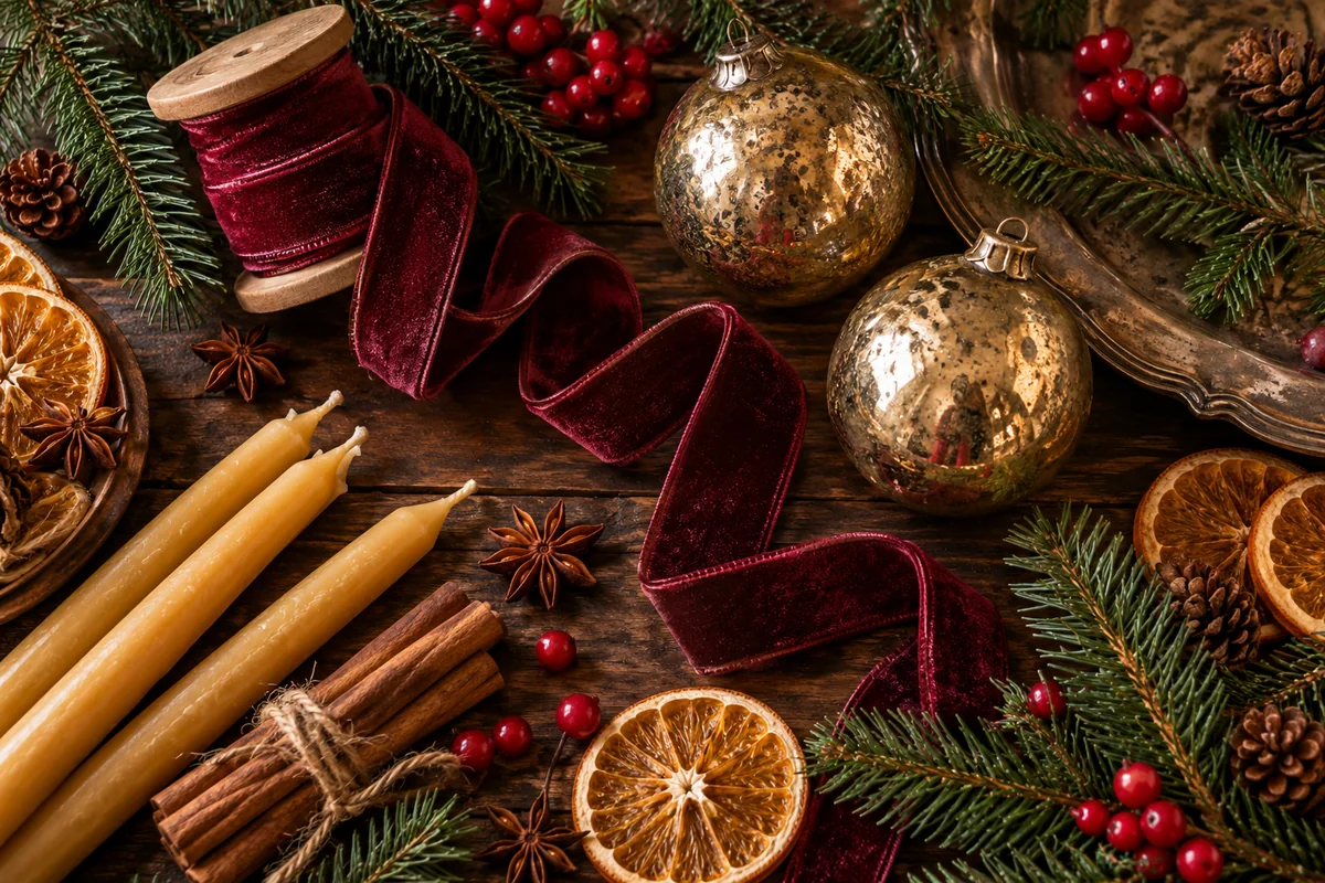 Burgundy velvet ribbon, gold ornaments, beeswax candles, fir and dried orange arranged on walnut.
