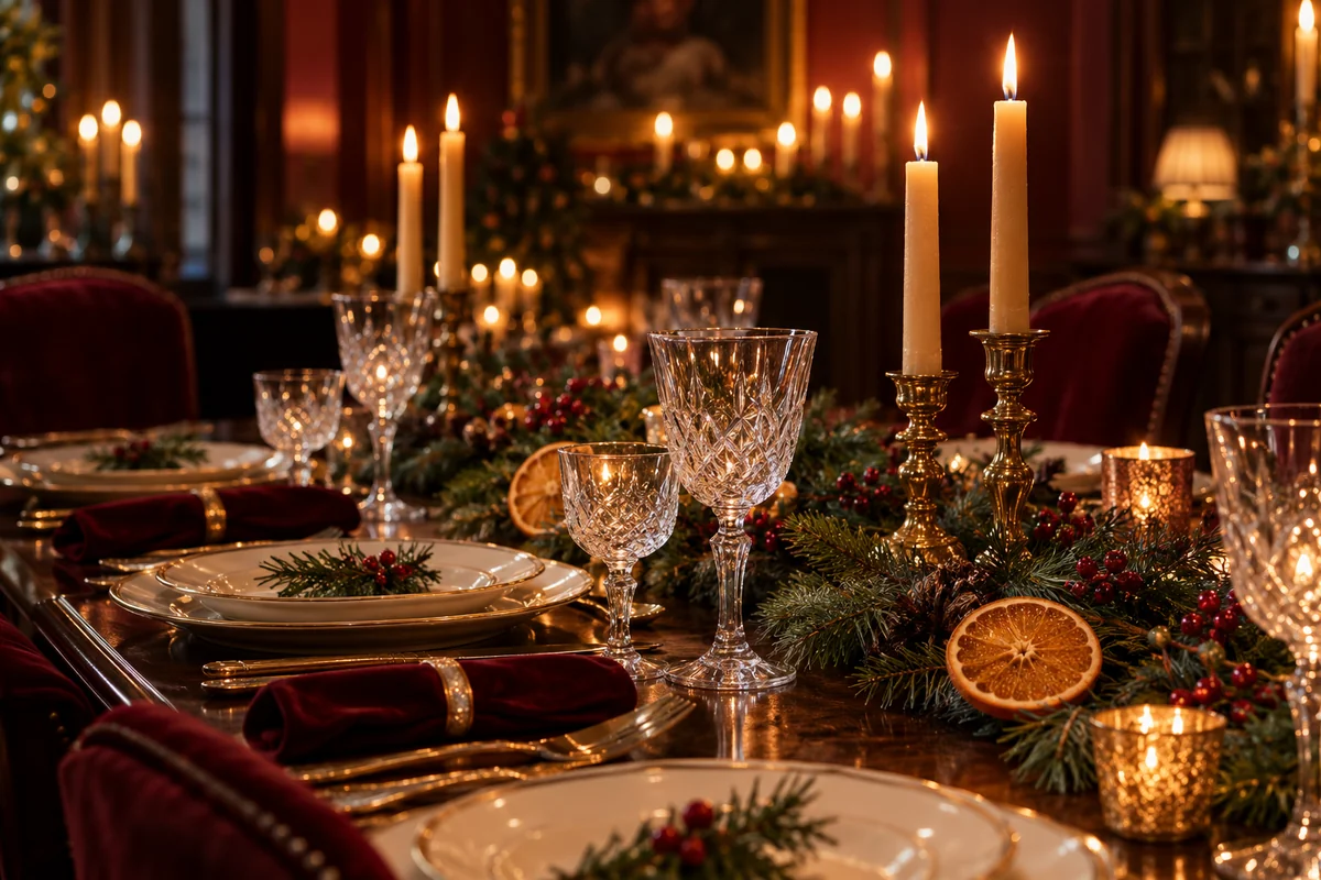 Candlelit winter dining table with brass candlesticks, crystal glasses, oranges and evergreen garland.
