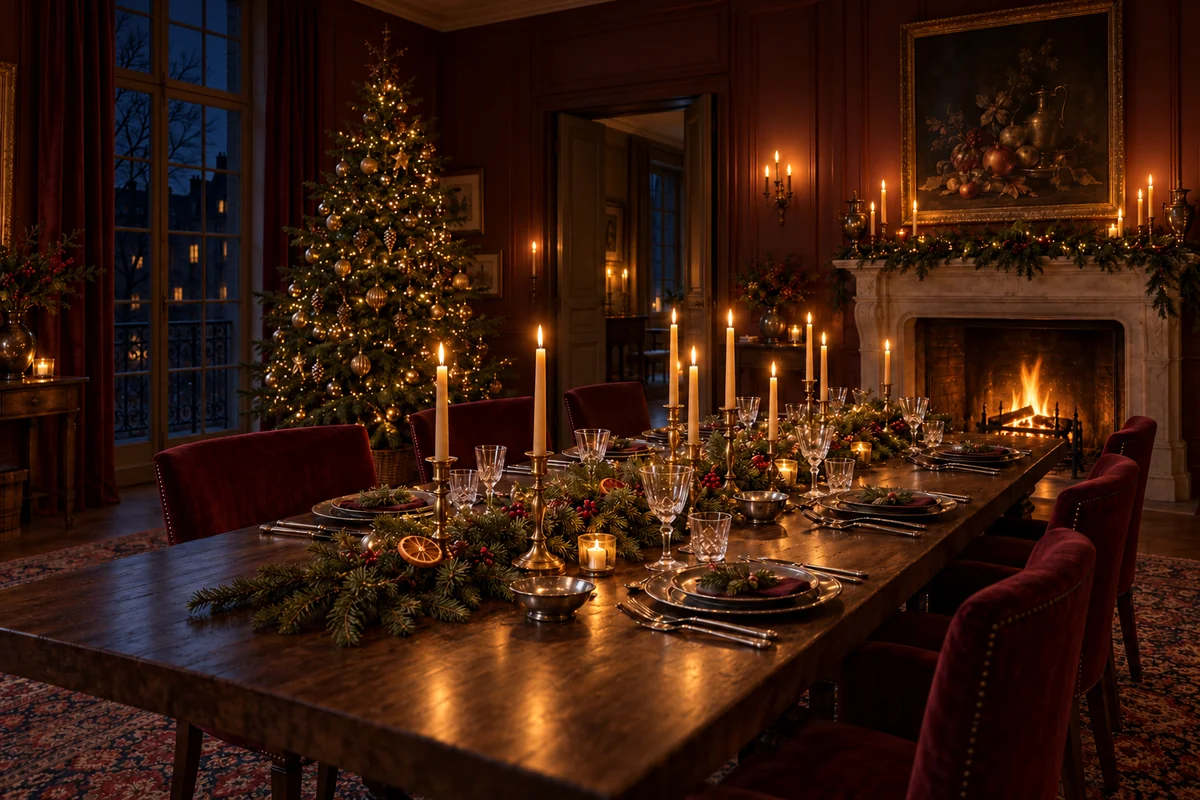 The burgundy townhouse dining room after dark, lit by low beeswax candlelight, the fireplace and small warm lights on a gold-decorated Christmas tree.
