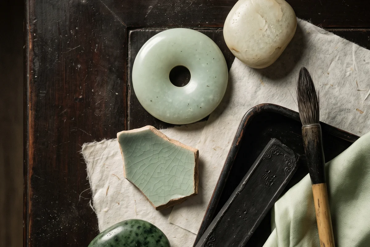 A pale jade disc, white and spinach jade pebbles, a celadon shard, rice paper, an ink stick and a brush on dark lacquer.