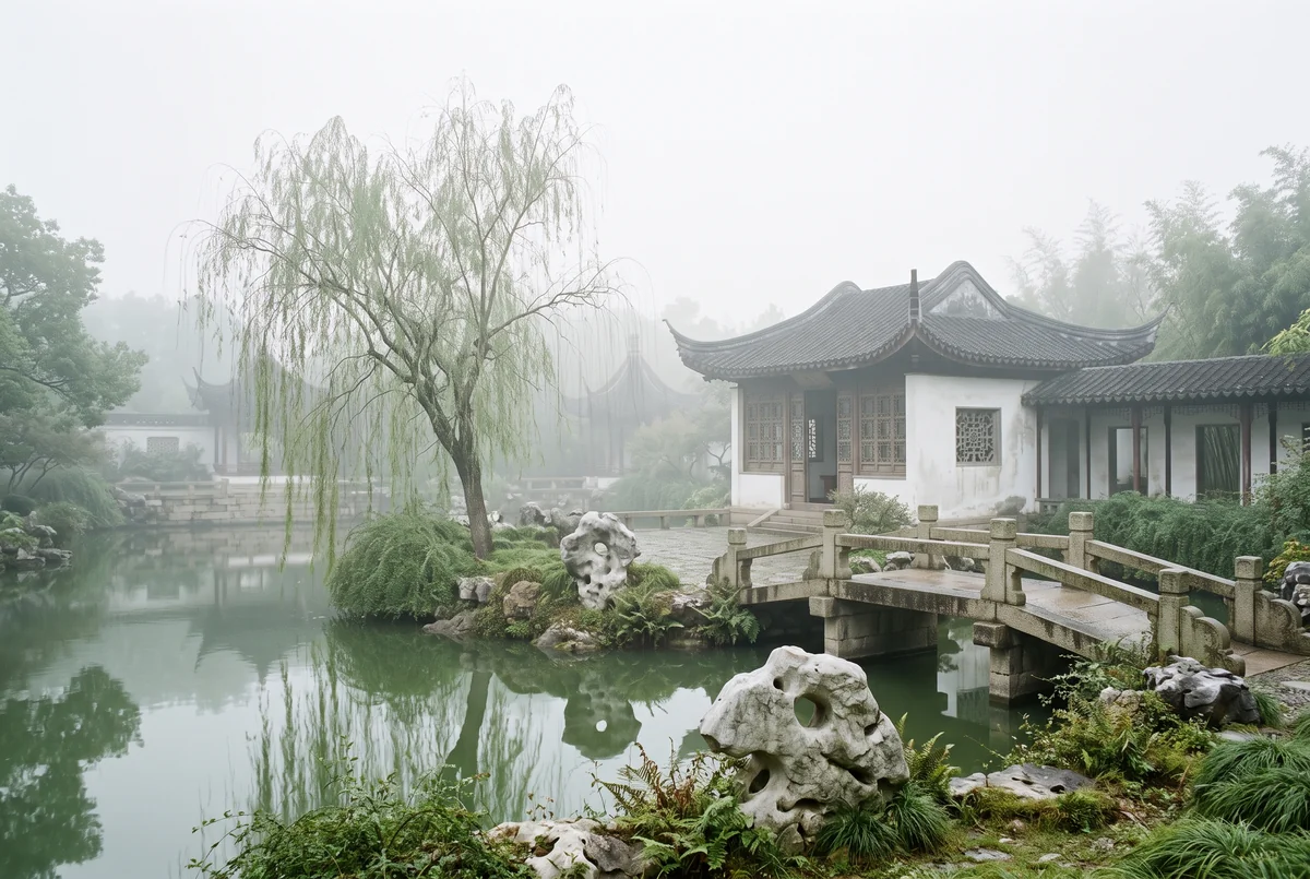 A still pond, a weeping willow, pale rocks, a stone bridge and a white pavilion in mist.