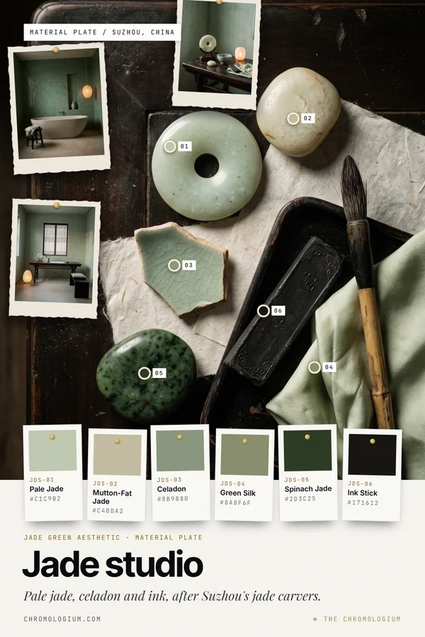Mood board on dark lacquered wood with a pale green jade disc, a creamy white jade pebble, a dark green speckled jade pebble, a celadon porcelain shard, rice paper, a black ink stick, a bamboo brush and pale green silk, with three pinned photos of a green-tiled bathroom, a celadon study and a jade vignette, and six labeled paint chips below.
