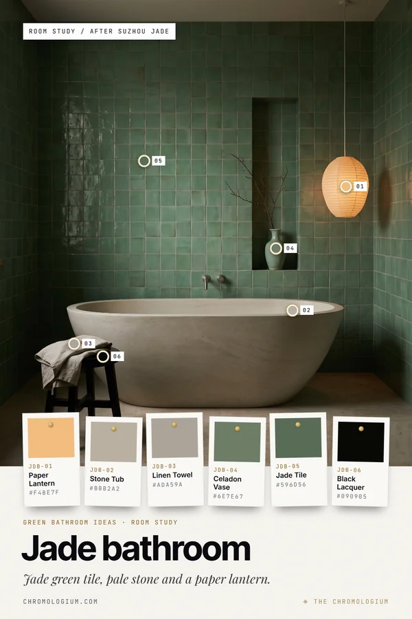 A bathroom with a wall of glossy jade green tiles, a freestanding pale stone bathtub, a celadon vase with a branch in a tiled niche, a black wooden stool with a linen towel and a glowing paper lantern, with six labeled paint chips below.