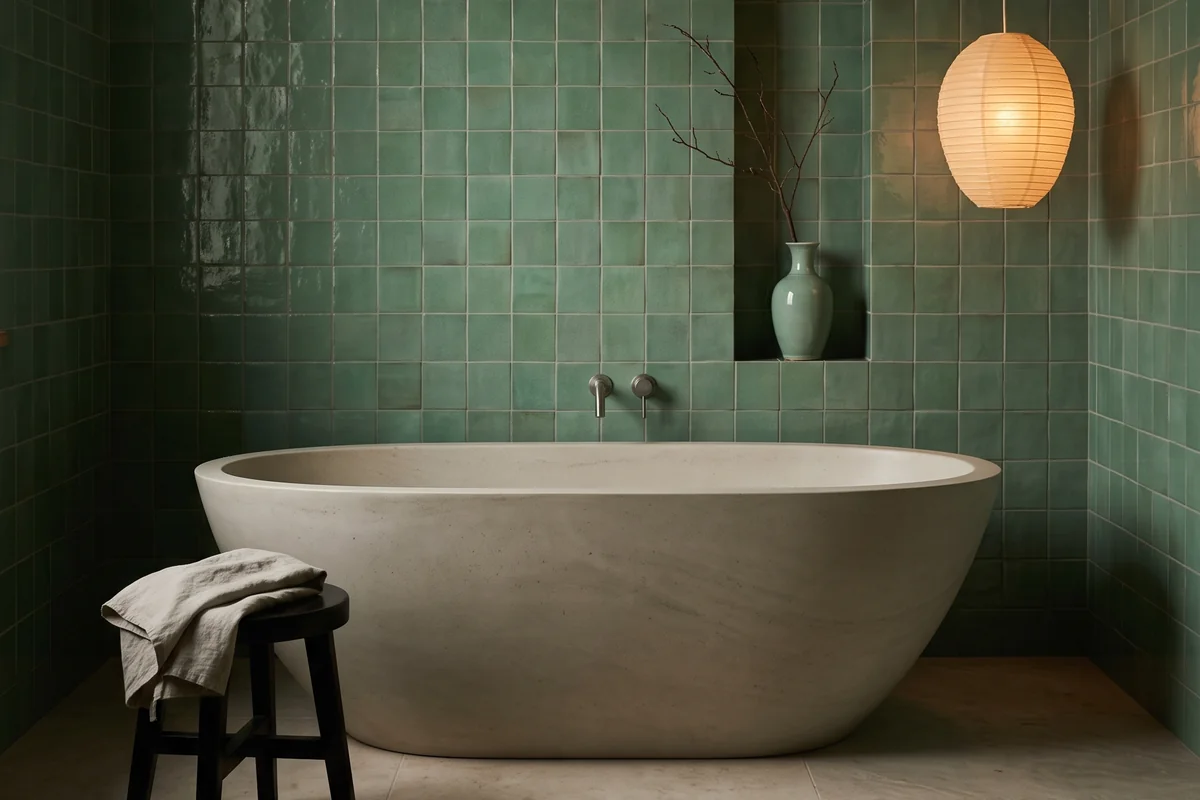 A wall of glossy green tile, a pale stone tub, a celadon vase in a niche and a glowing paper lantern.