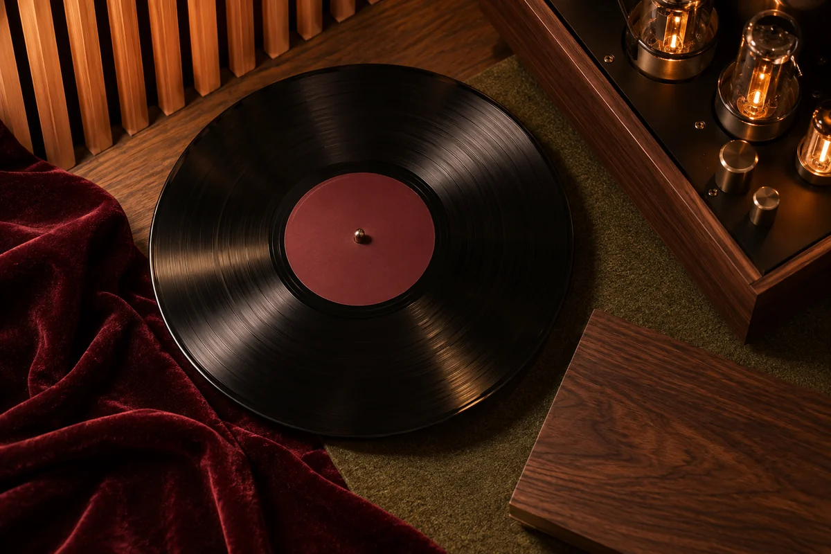 A black vinyl record, burgundy velvet, walnut, cedar slats and moss speaker felt beside a glowing tube amplifier.
