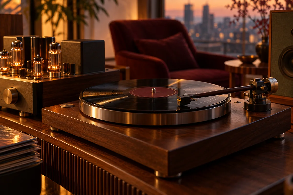 A black record and tonearm on a walnut turntable beside a glowing tube amplifier, with burgundy upholstery behind.