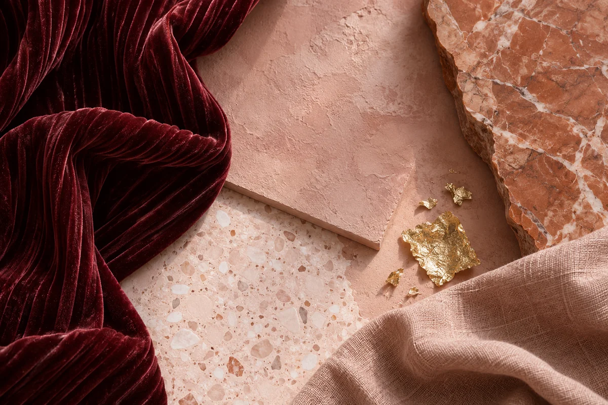 Burgundy velvet, rose plaster, pink terrazzo, gold leaf, warm marble and blush linen.