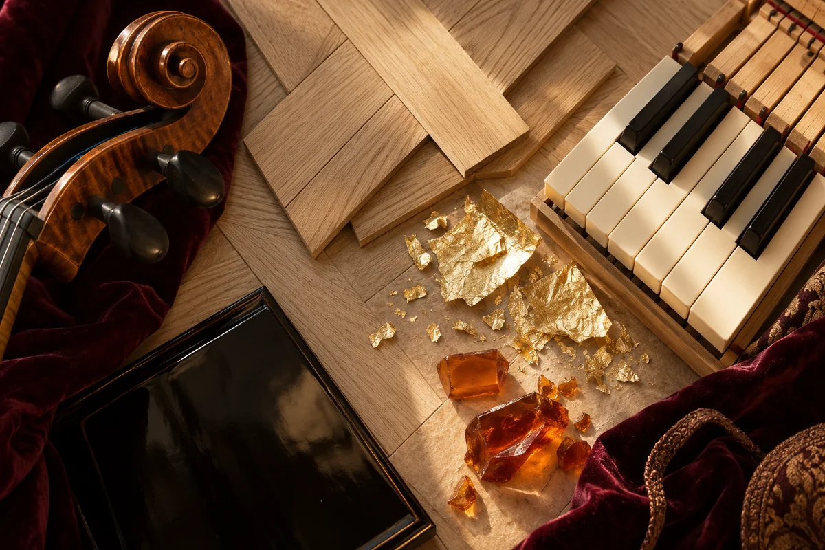 Herringbone oak, cream piano keys, gold leaf, amber rosin, bordeaux velvet and black lacquer beside a cello scroll.