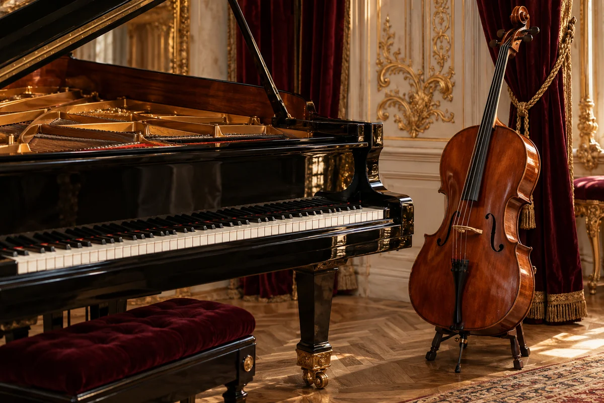 A grand piano keyboard and cello beside bordeaux curtains, pale decorative plaster and warm reflections on black lacquer.