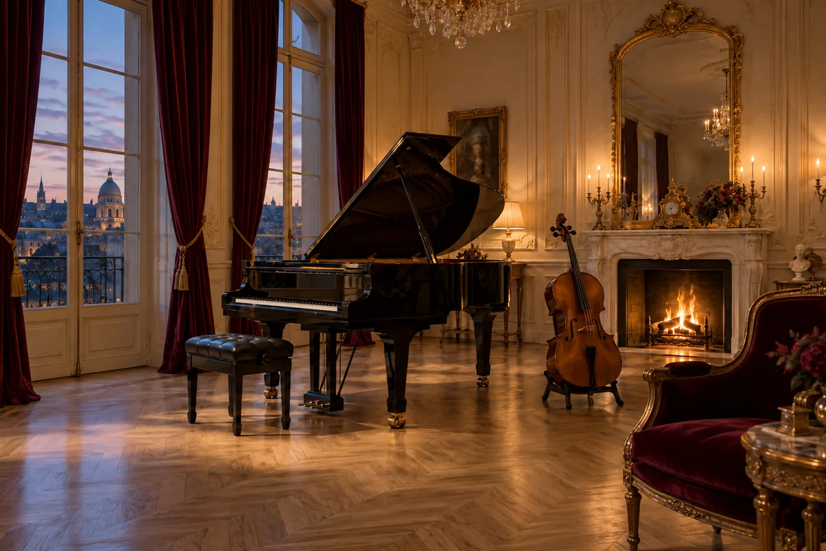 A music salon with a black grand piano, cello, bordeaux curtains, pale fireplace and herringbone oak floor at dusk.