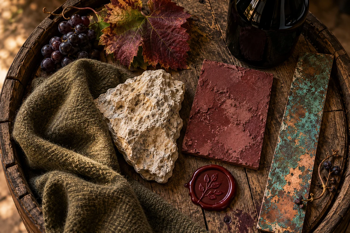 Limestone, olive wool, wine-colored limewash, verdigris copper and a burgundy wax seal on a dark oak barrel.