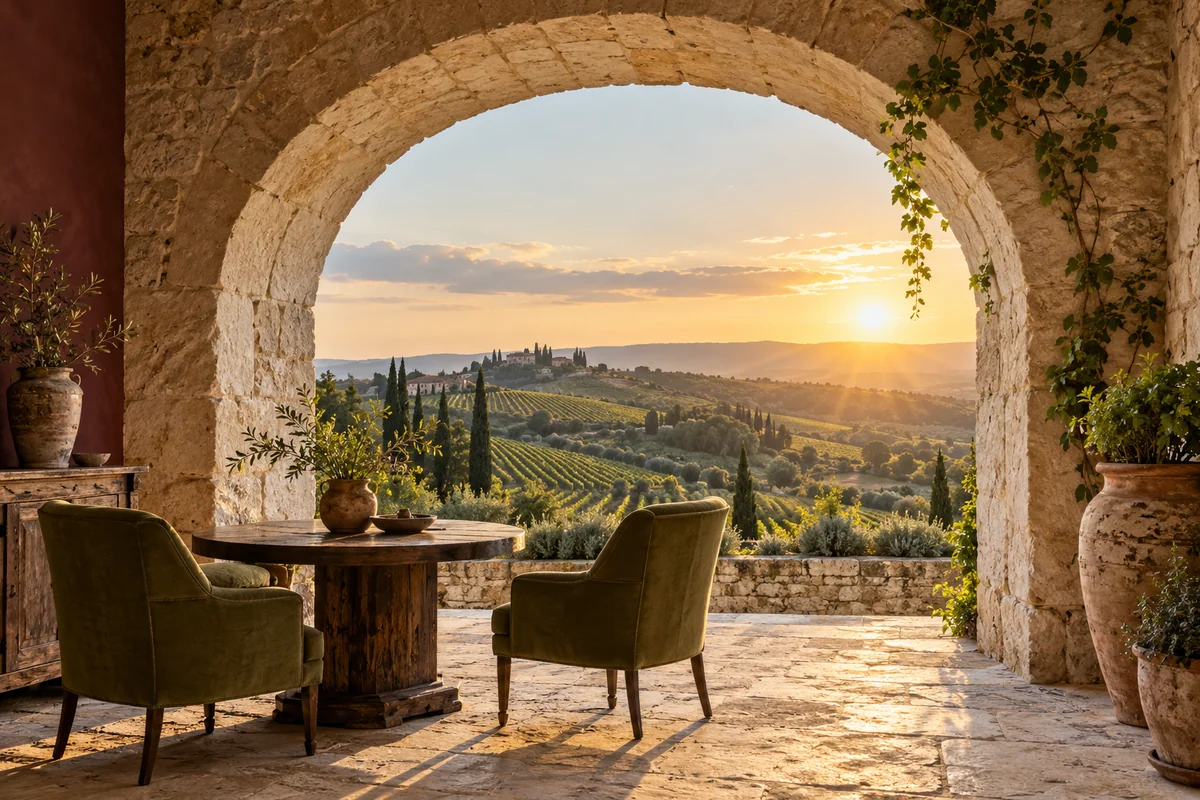 Pale limestone arch opening onto vineyard hills at sunset with a small table, olive chairs and weathered terracotta pots.