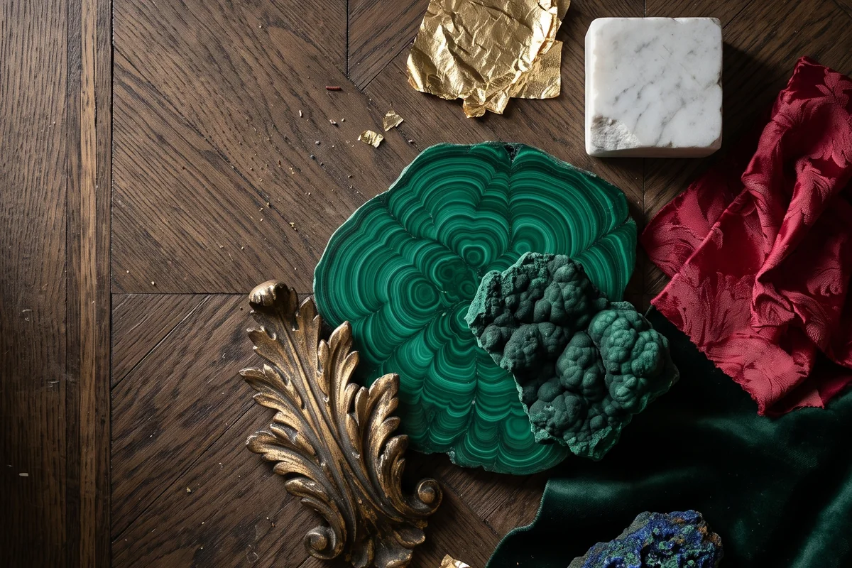 A banded malachite slab, rough malachite, a gilt bronze leaf, white marble, crimson damask and azurite on oak parquet.