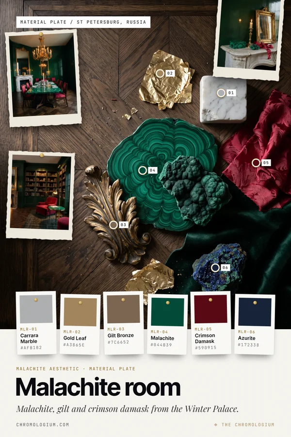 Mood board on dark oak parquet with a polished malachite slab with green bands, rough green malachite, a gilt bronze leaf ornament, a white marble block, crimson silk damask, dark green velvet, blue azurite and gold leaf, with three pinned photos of a green dining room with a malachite table, a green library and a marble mantel, and six labeled paint chips below.
