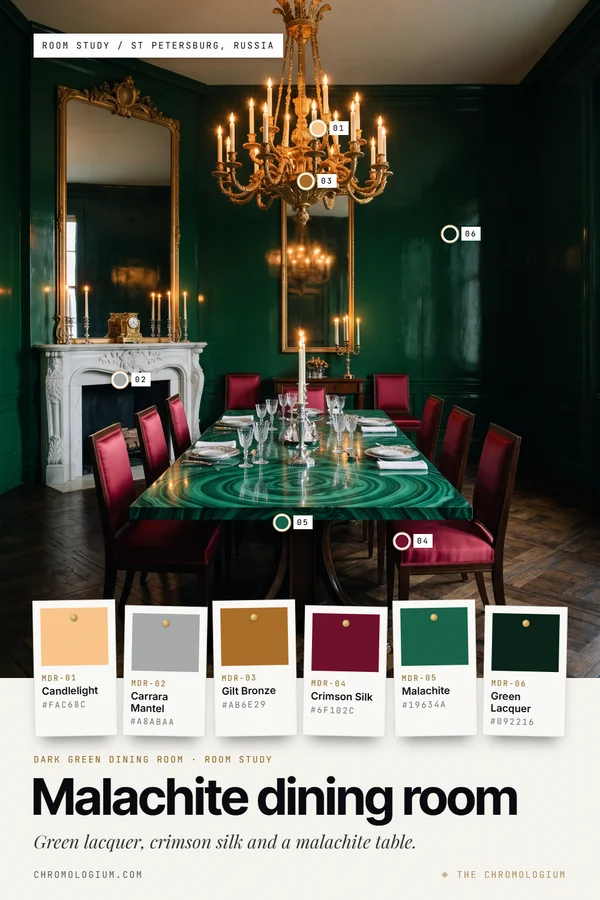A dining room with dark green glossy walls, a long malachite-topped table set with glasses and candles, crimson silk dining chairs, a gilded candle chandelier, a tall gilt mirror and a white marble fireplace, with six labeled paint chips below.