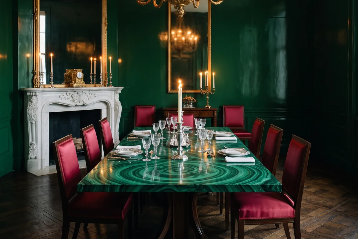 Deep green walls, a malachite-topped table, crimson silk chairs, a gilded chandelier and a marble fireplace.