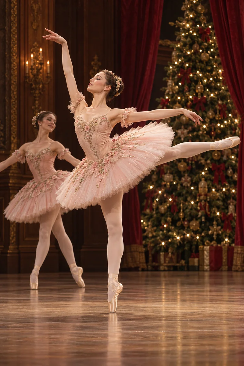 Two dancers in blush pink tutus perform beside a lit fir tree on an imagined winter stage.