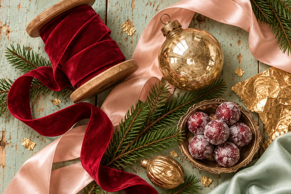 Crimson velvet ribbon, pink satin, gilt baubles, fir and sugared plums arranged on mint-painted wood.