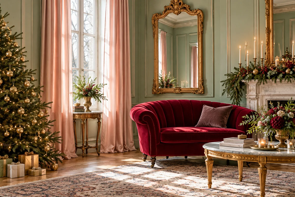 An imagined mint-panelled salon with pink curtains, a red velvet settee, a gilt mirror and a decorated fir tree.
